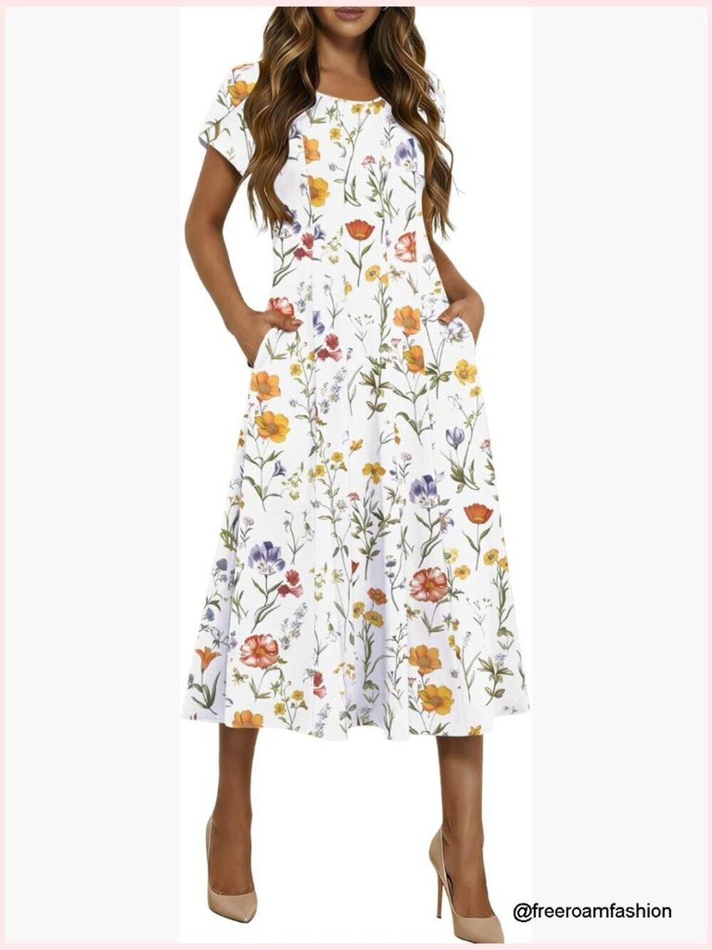 Summer Midi Dress Casual A-Line Pleated Flare Sundress Petal Sleeve